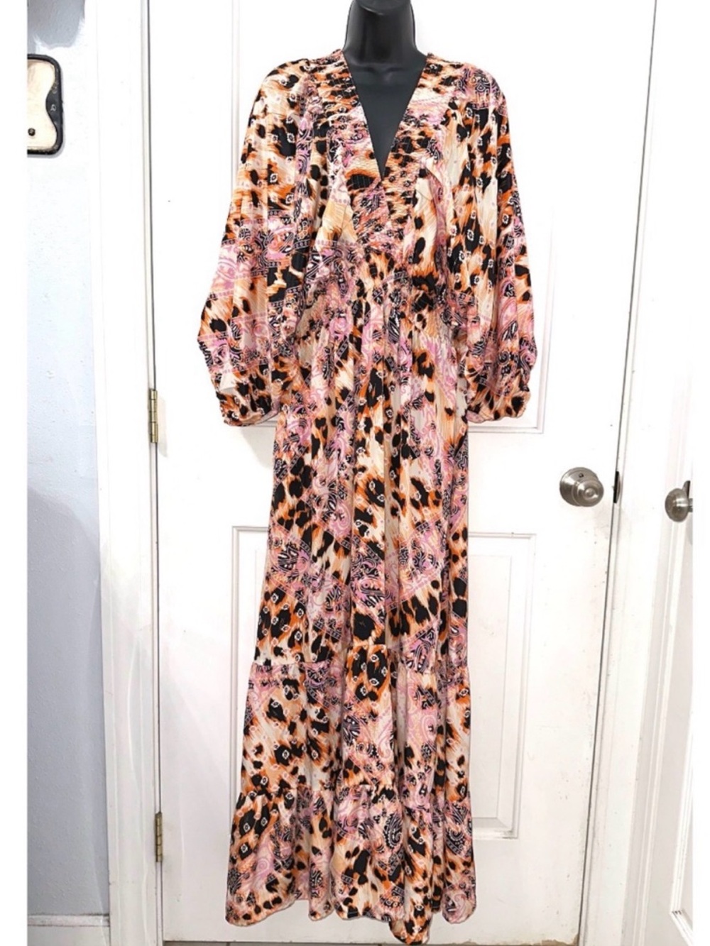 Silver Gold Paris Pink and Orange Printed V-Neck Maxi Dress NWT